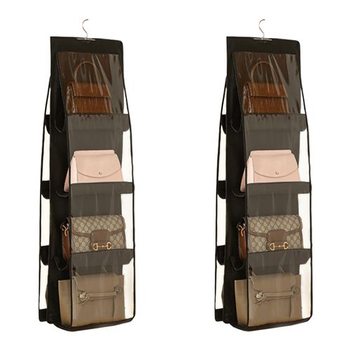 HAN SHENG 2 Pcs 8 Pockets Hanging Purse Handbag Organizer Clear Shelf Bag Collection Storage Holder Wardrobe Closet Space Saving Organizers (Black)