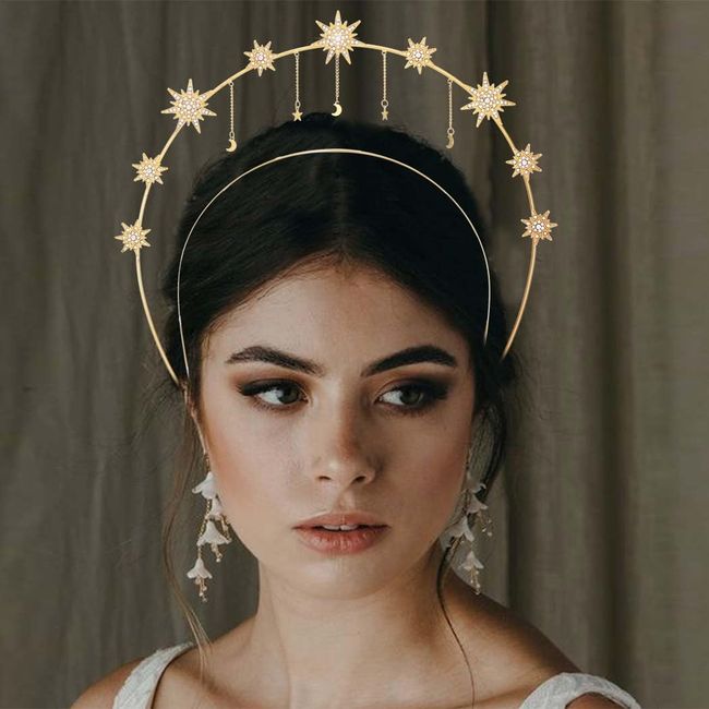 CAKURE Star Halo Headband Crown Bridal Headpiece Gold Goddess Crowns Festival Halloween Party Costume Headwear Wedding Hair Accessories for Women