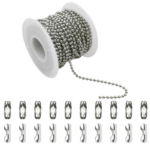 32.8 Feet Stainless Steel Ball Beaded Chain Necklace Chains for Making Jewelry with 20 Pieces Matching Connectors Silver Color Metal Pull Chain Roll Spool Ball for Dog Tag DIY (2.4mm in Diameter)