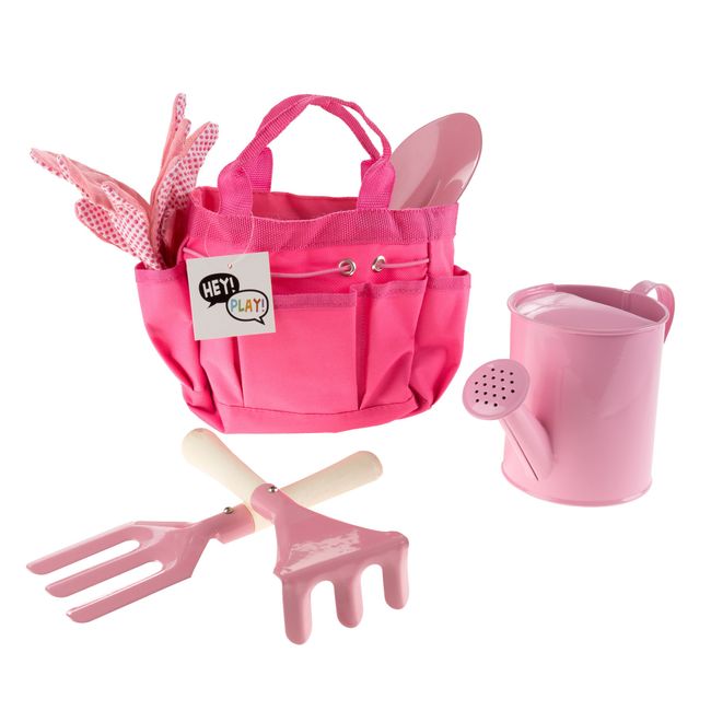 Hey! Play! Kid’s Garden Tool Set with Child Safe Shovel, Rake, Fork, Gloves, Watering Can and Canvas Tote- Mini Gardening Kit for Boys and Girls , Pink