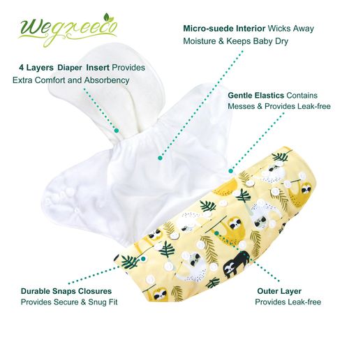 wegreeco Cloth Diapers 6 Pack with 6 Inserts & 1 Wet Bag, Washable Cloth Diapers for Babies, One Size Adjustable Reusable Diapers Baby (Animal World)