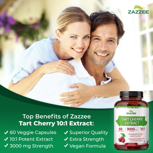 Zazzee Tart Cherry 10:1 Extract, 3000 mg Strength, 60 Vegan Capsules, 2 Month Supply, Certified Kosher, Concentrated and Standardized 10X Extract, 100% Vegetarian, All-Natural, Gluten Free, Non-GMO