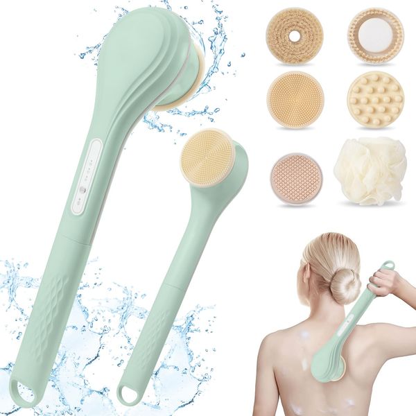 LINGSFIRE Electric Body Bath Brush, Rechargeable Back Scrubber for Shower, Long Handle Exfoliating Bath Brush for Shower, Lotion Applicator for Back, Silicone Body Scrubber with 6 Shower Brush Heads