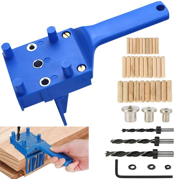 44PCS Handheld Dowel Jig Kit with Drill Guide Block, Professional Woodworking Doweling Jig, Metal Sleeve Wood Drilling for Accurate Wood Dowels, includes 6/8/10mm drill bits, 30 wooden dowels (A)