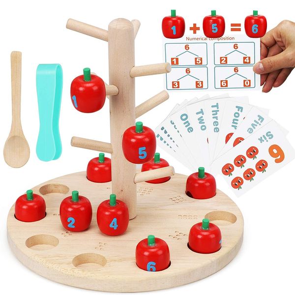 TOY Life Wooden Toys Math Games Apple Toy Tree - Montessori Toys for 3+ Year Old Toddler Counting Math Flash Cards Toys with Tweezer & Spoon Preschool Learning Toy for Kids Ages 3-6