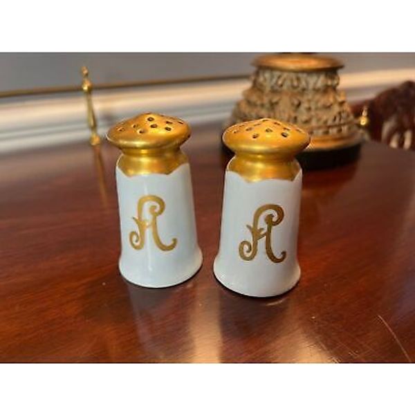 Vintage Salt and Pepper Shakes Favorite Bavaria Monogrammed "A" Blue Gold