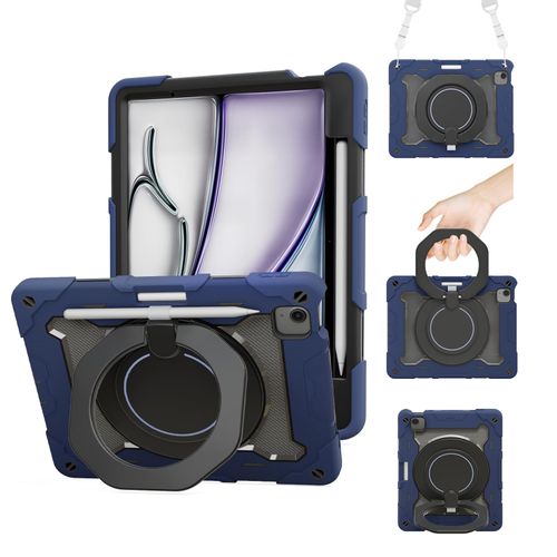 for iPad Air 11 Inch Case M2 M3 2024/2025 with Pencil Holder/ 360° Rotating Kickstand/Grip Handle/Shoulder Strap for Kids Girls Heavy Duty Rugged Protective Cover for iPad Air 11 inch M2 M3, Blue