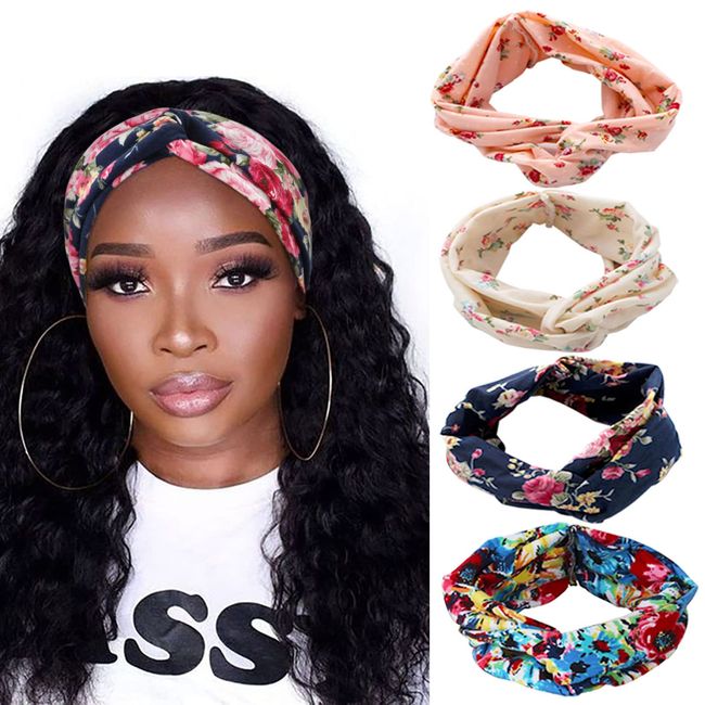 DRESHOW 4 Pack Women Headbands Vintage Elastic Boho Floal Style Criss Cross Head Wrap Hair Band Cute Hair Accessorie