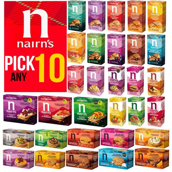 Nairn's PICK ANY 10 Gluten Free & Non-Gluten Free Oat Biscuits, Oatcakes, Crackers, Flatbreads. Flavours inc. Chocolate chip, cheese, fruit and seed, Stem Ginger, Mixed Berries, Salted Caramel Etc.