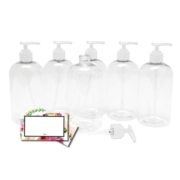 Baire Bottles 8 oz Empty Refillable Plastic Bottles with Pump - Soap, Shower, Lotion, Massage Oil, Travel - 6 Pack, Waterproof Labels, PET, BPA Free, USA (Clear with White Pumps, Floral Labels)