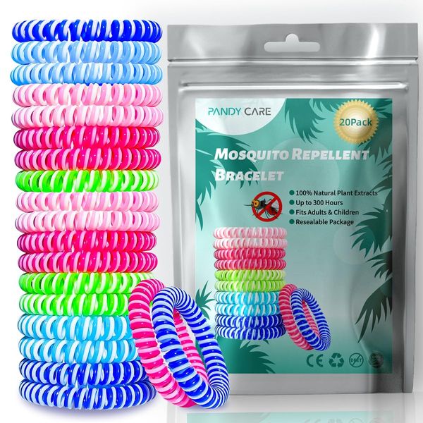 Mosquito Repellent Bracelet 20 Pack, PandyCare Insect, Midge & Mosquito Bands Wristbands for Adults, Kids & Baby - 2 Coils in 1, Waterproof, 100% Natural Plant Essential Oil, Deet Free with 300 Hours