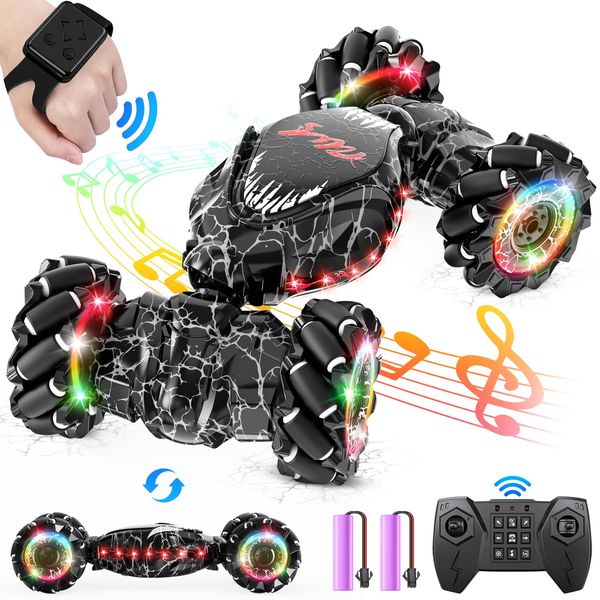 OSIMILY Remote Control Car,2.4GHz LED Gesture Sensing RC Stunt Car,4WD Double Sided Rotation RC Car with Lights and Music,All Terrain Rotation Drift Car Birthday Gifts for Boys Girls (Black)