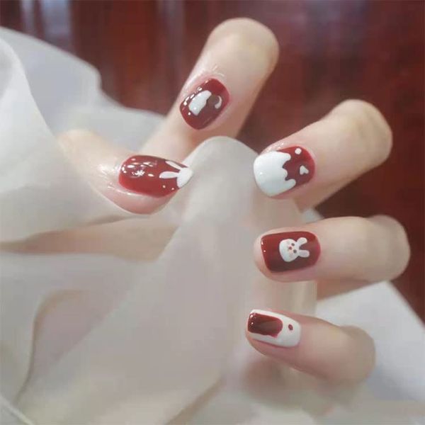 AAGWW Nail Tips, Berry Short, False Nails, Short, Coming-of-Age Ceremony, Mat, False Nails, Cute, Beautiful Shell Supplies, Workshop, Glue Design (Color: Cream Rabbit, Product Contents: 24 Nail Art + Glue)