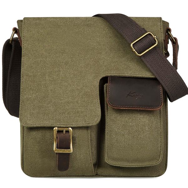 Kasgo Small Messenger Bag Canvas Shoulder Bag Vintage Crossbody Bag Men Bag Satchel Bag with Multi Pockets for Work Travel Business, Green