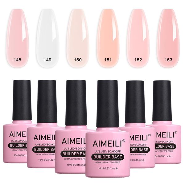 AIMEILI 8 in 1 Builder Nail Gel Set, Sheer Color Hard Gel Builder Base Nail Strengthening Gel Nail Extension False Nail Tips Glue Gel in a Bottle, UV LED Gel Polish 6pcs X 10ml - Gift Kit 36