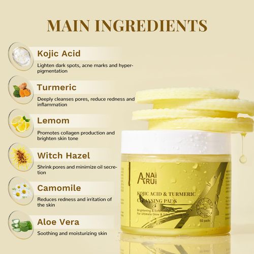 ANAI RUI Turmeric Kojic Acid Exfoliating Cleansing Pads, Deep Cleansing Brightening Pads, Exfoliating Scrub Pad for Face and Body, Acne Treatment, Skin Tone Evening,50 PCS