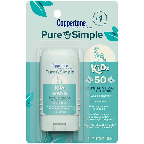 Coppertone Pure and Simple Sunscreen Stick SPF 50, Zinc Oxide Mineral Sunscreen Stick for Kids, Tear Free, Water Resistant, Broad Spectrum, 0.49 Oz Stick