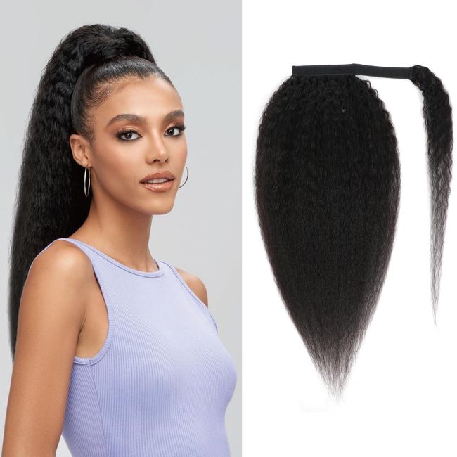 Humistwbiu Kinky Straight Ponytail Human Hair with Wrap Around Magic Tape Brazilian Virgin Human Hair Ponytail for Black Women Yaki Hair Natural Black Color (12 Inch,Kinky straight Ponytail)