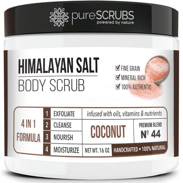 pureSCRUBS Coconut Pink Himalayan Salt Body Scrub + FREE Spoon, Loofah & Soap