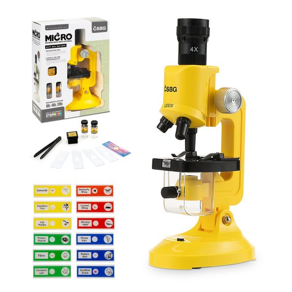 Science Kits for Kids Beginner Microscope with LED 100X 400X and 1200X-Include Sample Prepared Slides 12pc- Educational Toy Birthday Valentine's Day Gift Yellow