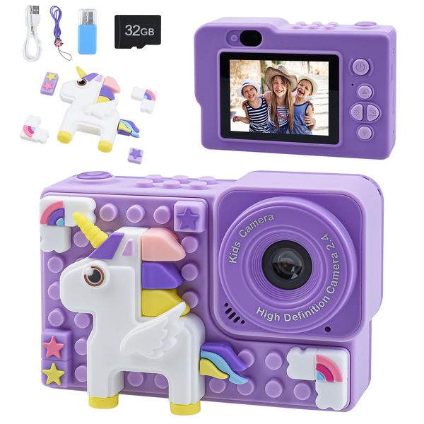 Kids Camera for Boys and Girls, Children Digital Video Toy Camera with Unicorn Silicone Building Blocks, Selfie Camera for Kids, Christmas Birthday Festival Gifts for Age Above 6 with 32GB SD Card