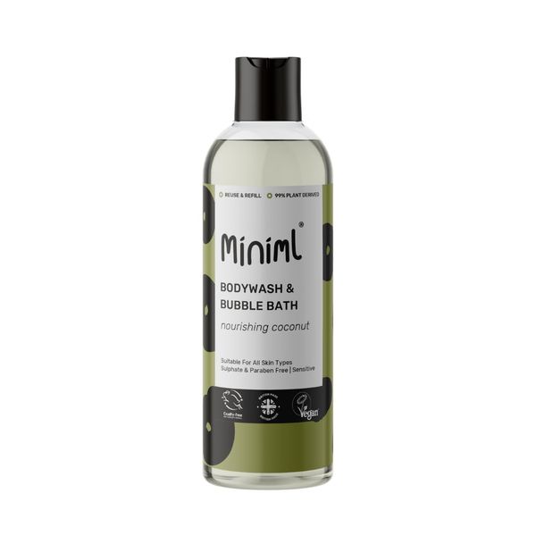 Miniml All Natural Body Wash and Bubble Bath - 500ml Moisturising Coconut Skin Eco Shower Gel Bath Soak - Vegan Friendly Hand, Face & Body High Foam Scrub