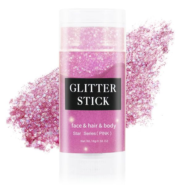 MEICOLY Pink Body Glitter Stick,Waterproof Mermaid Face Glitter Gel,Chunky Glitter for Face/Body/Hair/Eyes/Lip,Holographic Sequins Paint,Sparkling Face Glitter Makeup Body Glitter for Women