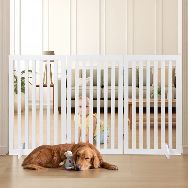 Freestanding Pet Gate Wooden Dog Gates for Doorways Stairs 36"H 3 Panels White