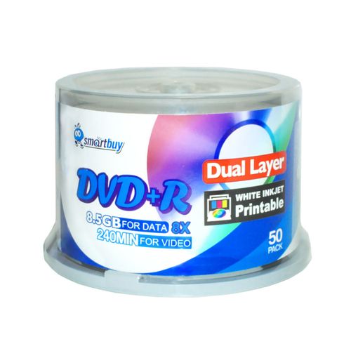 Smartbuy 8.5gb/240min 8X DVD+r Dl Dual Layer White Inkjet Printable Blank Data Recordable Disc Spindle (50-Disc)