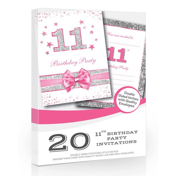 Olivia Samuel 20 x 11th Birthday Party Invitations from Pink Sparkly Design and Photo Effect Silver Glitter - A6 Postcard Size with envelopes