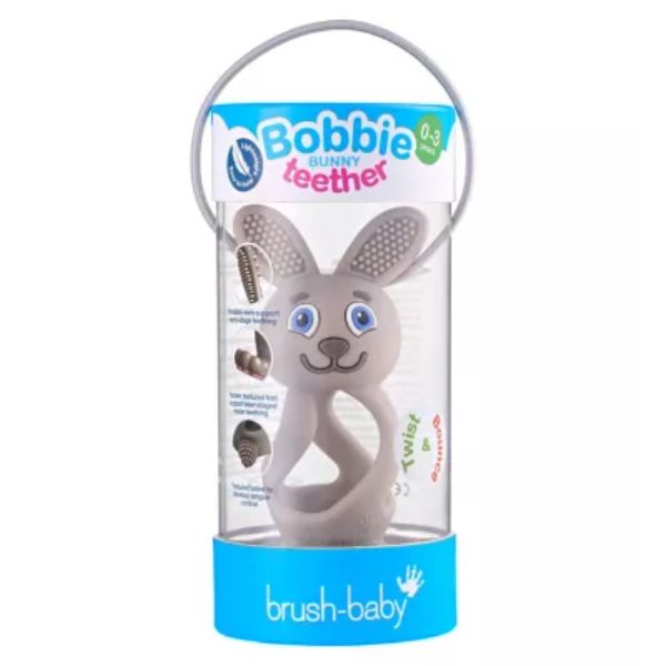 Bobbie Bunny Baby Teether Toy Cappuccino Grey | Twist & Bounce Teething Toy