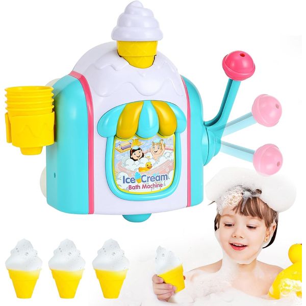 Bath Toys for Toddlers,Ice Cream Foam Maker Bathtub Toy with Buckle Not Fall,Bathtub Bubble Machine Pretend Cake Play Set for Kids Boys Girls 2 3 4 5 Years Old (Ice Cream)