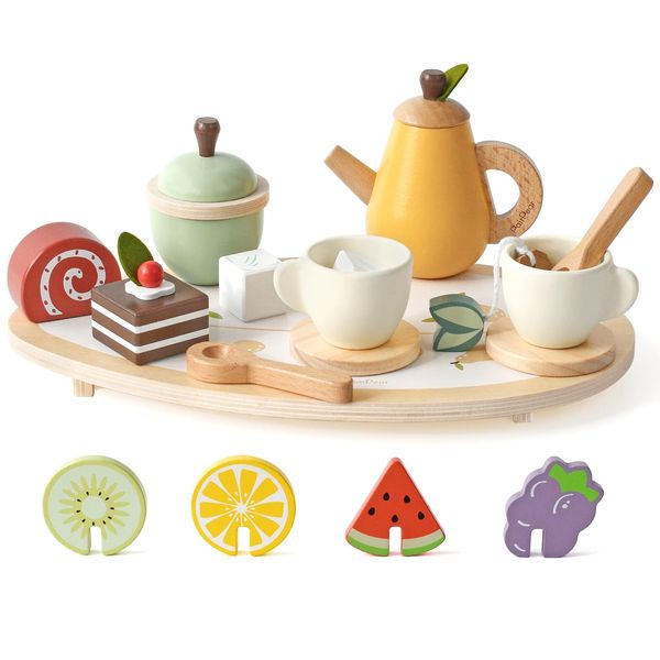 PairPear Wooden Toys Tea Party Set,Toddler Tea Set for Little Girls,Kids Pretend Play Kitchen Accessories,Wooden Play Food Toys Gift for Girls Boys 3 Y+