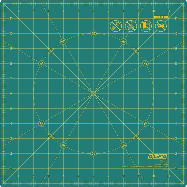 OLFA 12" x 12" Rotating Cutting Mat (RM-12S) - Self Healing 12x12 Inch Square Rotary Mat with Grid for Fabric, Sewing, Quilting, & Crafts, Rotates 360 Degrees, Use with Rotary Cutters (Green)