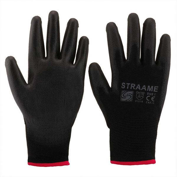 Straame Pack of 12 or 24 Black Safety Work Gloves, Outdoors PU and Nylon Non-Slip Work Handling Gloves, Good Dexterity Protective Gloves (Small - Size 7, 24 Pairs)