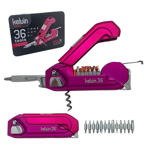 Kelvin Tools Kelvin-36 Multi-Tool Set, 36 Integrated Tools, 26 Bit Screwdriver Set, Tape Measure, Corkscrew (Magenta)