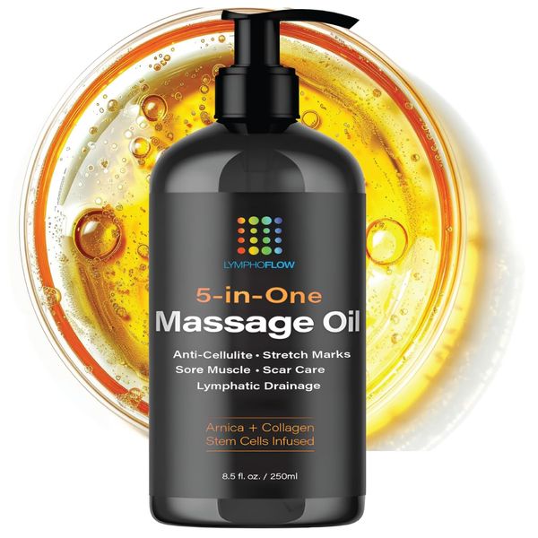 Anti Cellulite Massage Oil with Collagen Stem Cells, Arnica Oil for Lymphatic Drainage, Pain Relief, Sore Muscle, Stretch Marks, Scar and Keloid Removal, Piercing Care, Massager Tool, 8.5 Fl Oz