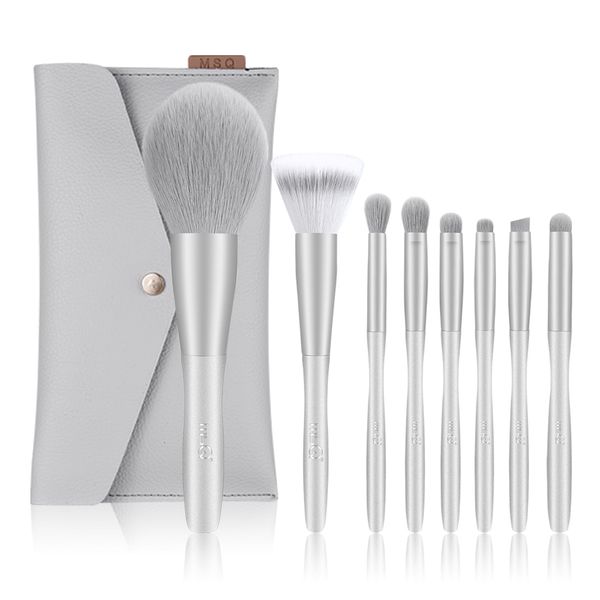 MSQ Nylon Makeup Brushes 8pcs Case Makeup Brush Set Makeup Pouch Cheek Brush Eye Shadow Brush Exquisite Gift Box Set Silver Snow Series