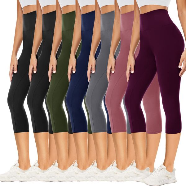 YOLIX 7 Pack Capri Leggings for Women, High Waisted Black Tummy Control Workout Yoga Pants