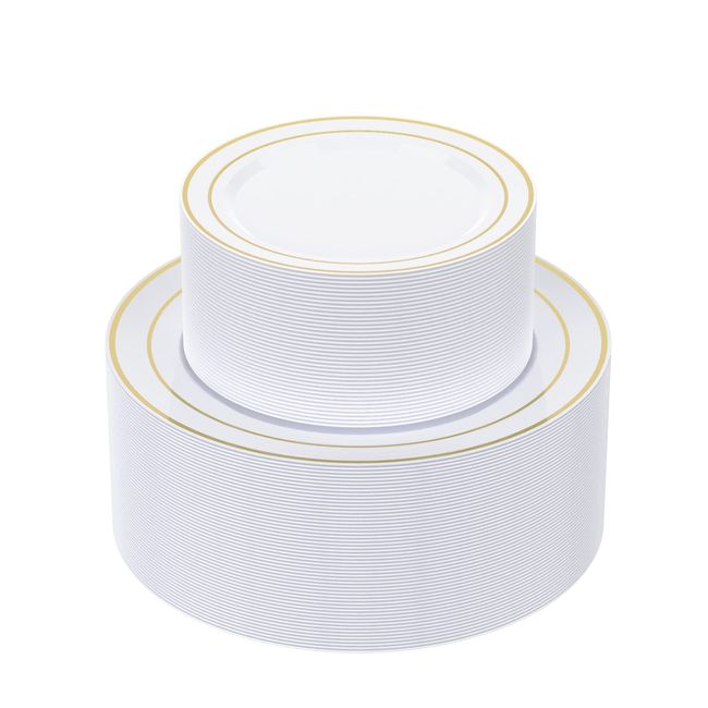 Disposable Plastic Plates White Gold Rim 7.5/10.25 Heavy Duty