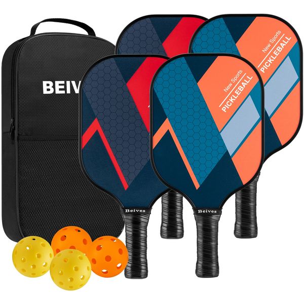 BEIVES Pickleball Paddles, Fiberglass Surface Pickleball Paddles Set of 4, Pickleball Set with 4 Pickleball Rackets, 4 Pickleball Balls, 1 Pickleball Bag, Pickle Ball Paddle Set ​for Men Women