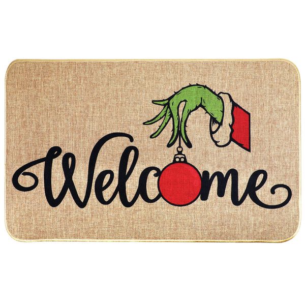 Erweicet Christmas Door Mat Xmas Welcome Christmas Mat Non-Slip and Washable Winter Doormat Rubber Back Snowflakes Door Mat Rugs for Indoor Outdoor(Green Hand Pattern)