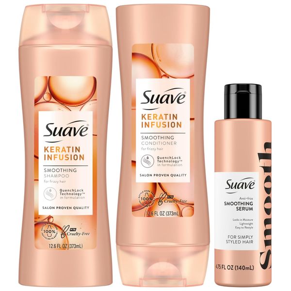 Suave Keratin Shampoo and Conditioner Set + Simply Styled Hair Smoothing Serum, Keratin Hair Treatment for Dry, Damaged Hair (3 Piece Set)