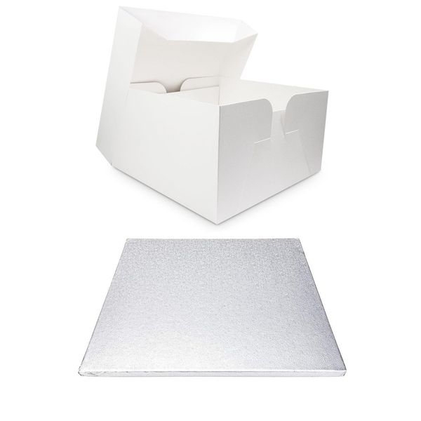 Single White Cake Box and Silver Square Board Pack - Thick Drum for Wedding, Party etc (14 Inches)