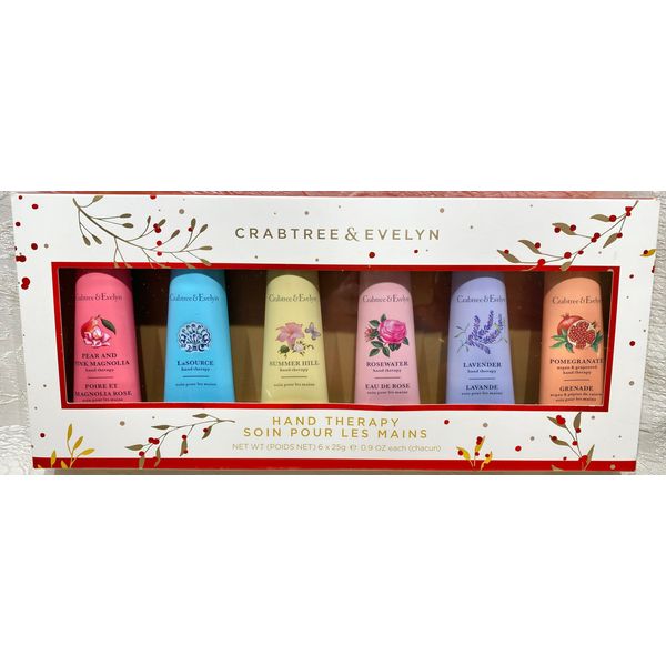 Crabtree & Evelyn Hand Therapy 6-Pack (0.9 oz Each) (Summer Hill, La Source, Lavender, Pomegranate Argan Grapeseed, Pear & Pink Magnolia and Rosewater)