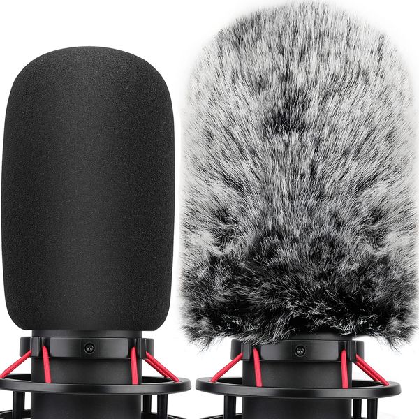 Pop-Filter für Hyperx Quadcast s Mikrofon-Schaumstoffabdeckung + pelziger Windsack kompatibel mit Hyperx Quadcast s Mikrofon Windschutzscheibenabdeckung für den Innen- und Außenbereich, Kombi 2 Pcs