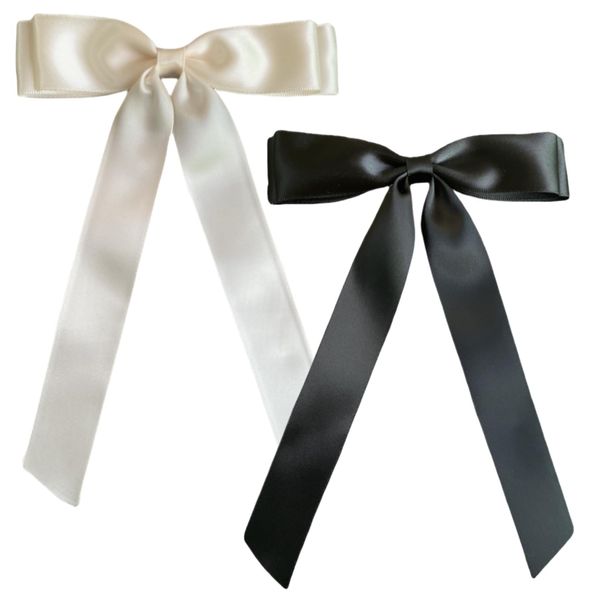 Hair Bow Hair Clips, 2 PCS Satin Ribbon Bow for Women, Hair Bows for Women, Black Bow for Hair,Beige Black Hair Bow Clips, Hair Barrettes with Bow Accessories (Beige Black)