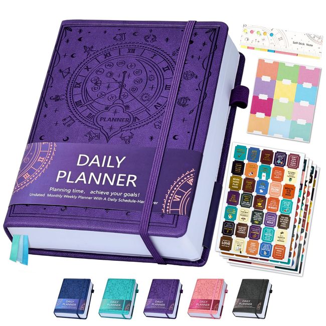 Ospelelf Leather Undated Daily Planner 2024(5.5 x 8.5''), Weekly & Monthly Life Planner, Organizer Notebook & Productivity Journal. 7 Months, A5 Hardcover, Start Any Time + Stickers(Purple)