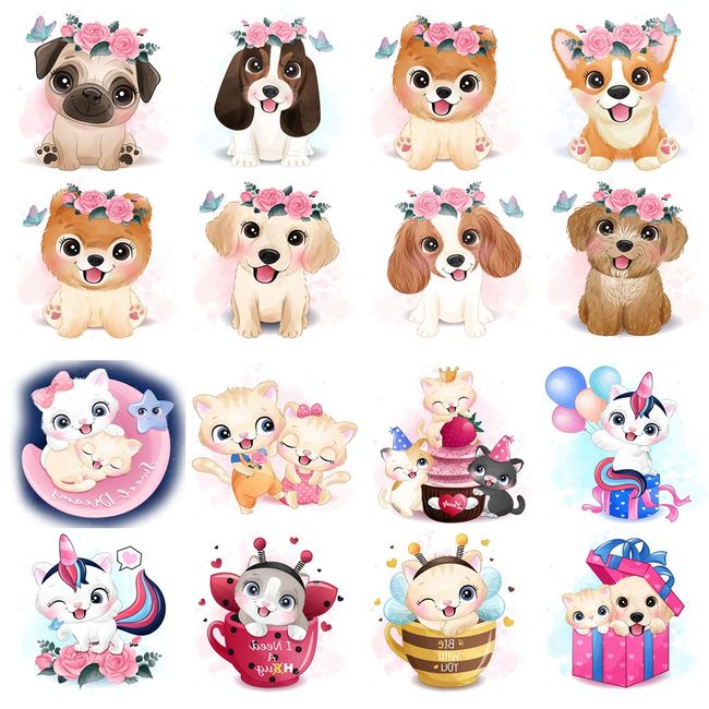 Glaryyears Watercolor Animals Temporary Tattoo for Kids, 30-Pack Fake Tattoos, Cute Dog Cat for Girls Boys Children, Fun Cartoon Stickers for Body Face Hand Arm Birthday Party Favors