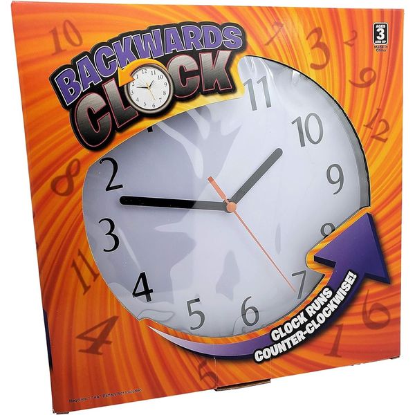 Funny Black Backwards Wall Clock (9") Large Numbers. Runs Counterclockwi